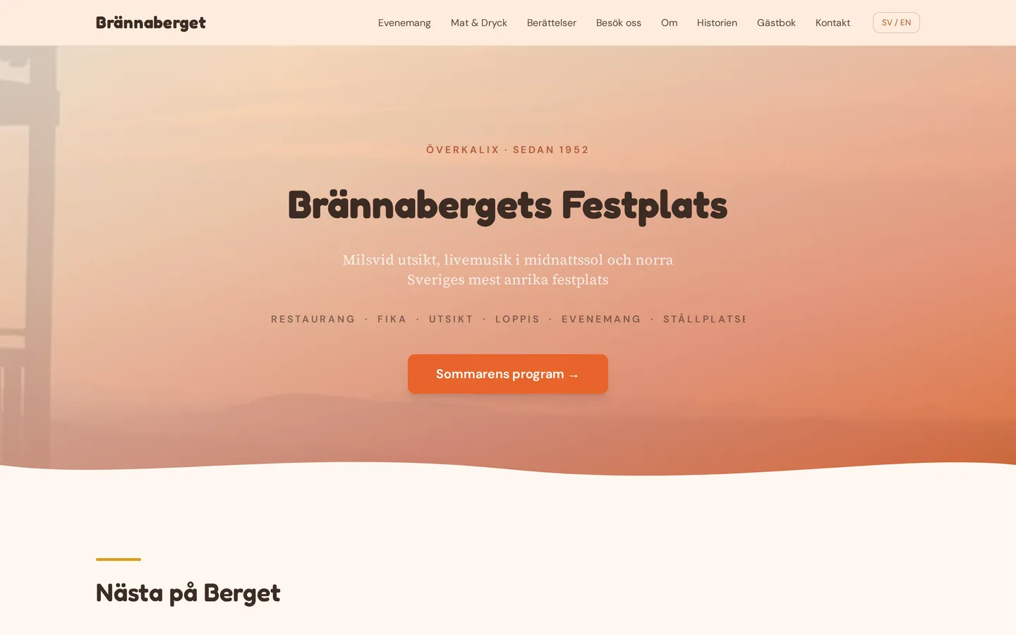 Startsidan på brannaberget.se i en dator: Brännabergets Festplats, Överkalix, sedan 1952.
