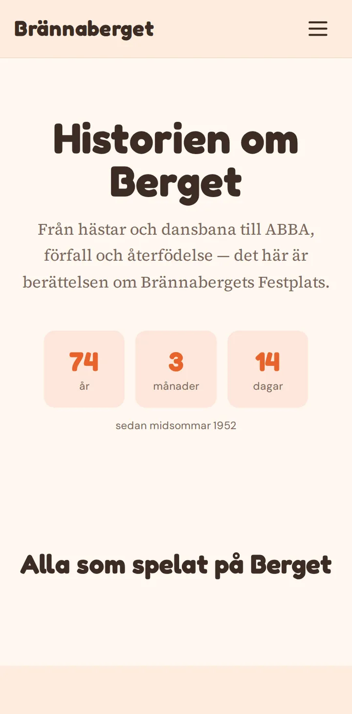 Sidan Historien om Berget på brannaberget.se i en mobil.