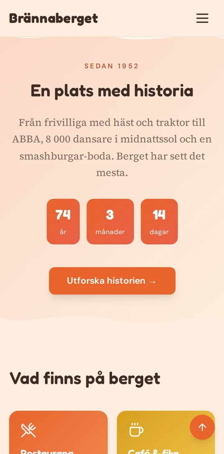 brannaberget.se i en mobil: En plats med historia, med tiden sedan 1952 räknad i år, månader och dagar.
