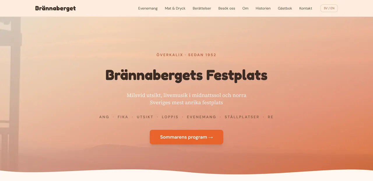 Startsidan på brannaberget.se: Brännabergets Festplats, Överkalix, sedan 1952.