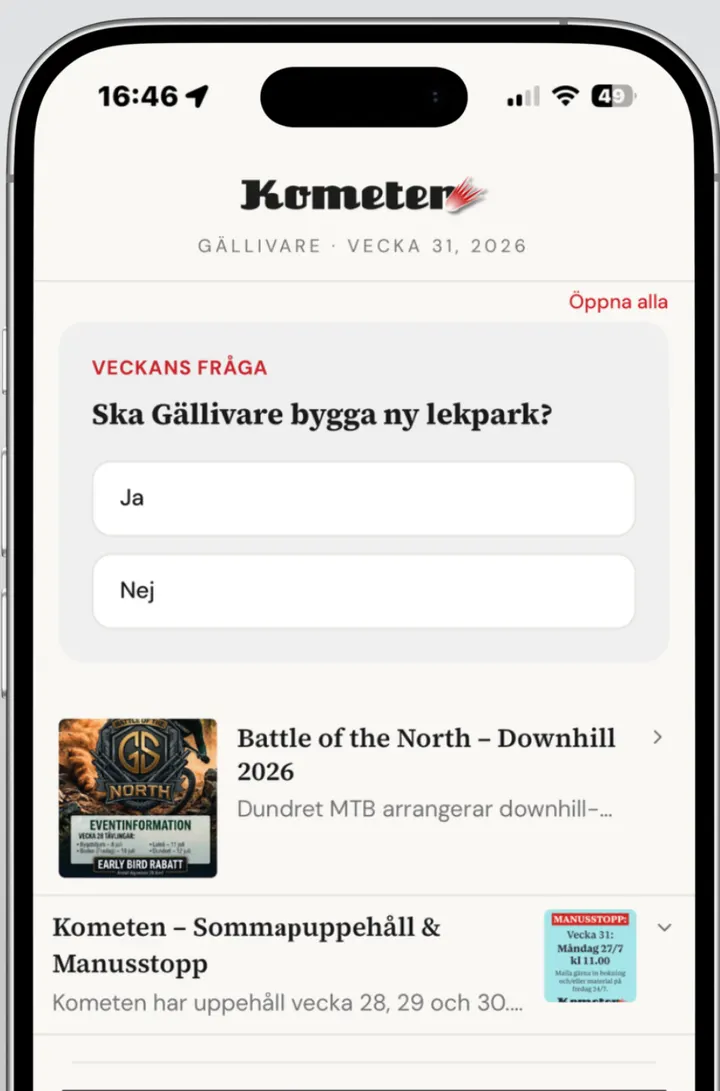 Kometen-appen: veckans nummer med veckans fråga och artiklar.