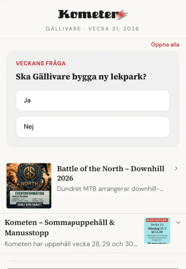 Kometen-appen: veckans nummer med veckans fråga och artiklar.