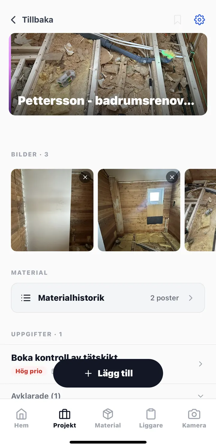 Tidas mobilapp: detaljvy för ett projekt.