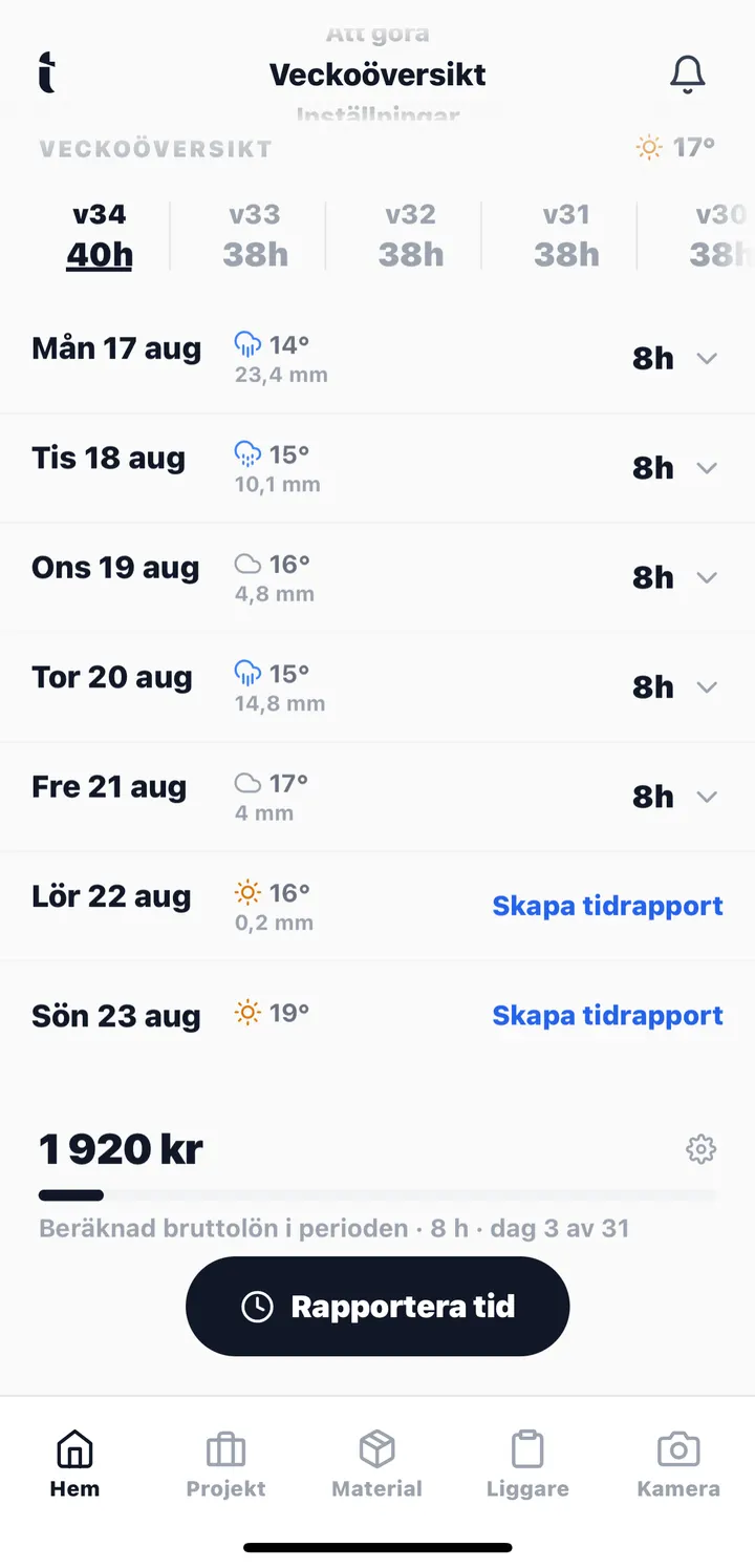 Tidas mobilapp: veckoöversikt med rapporterade timmar och väderprognos per dag.